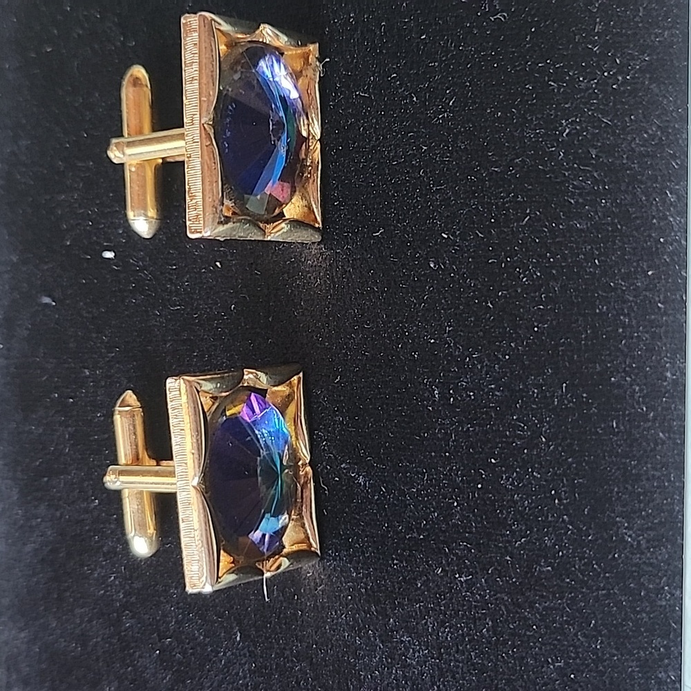 Vintage Gold Tone Cufflinks Iridescent Oval Stone Retro Wedding Formal